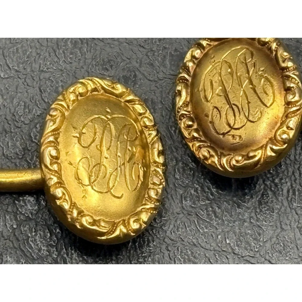 Vintage 14K Solid Yellow Gold Tone Victorian Cufflinks Ornate Etched Initials PA